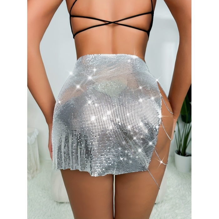 Kadın Metalik Parlak Zincir Detaylı Etek Gece Kombin,Festival Stil Parlak Zincirli Mini Etek,Etek