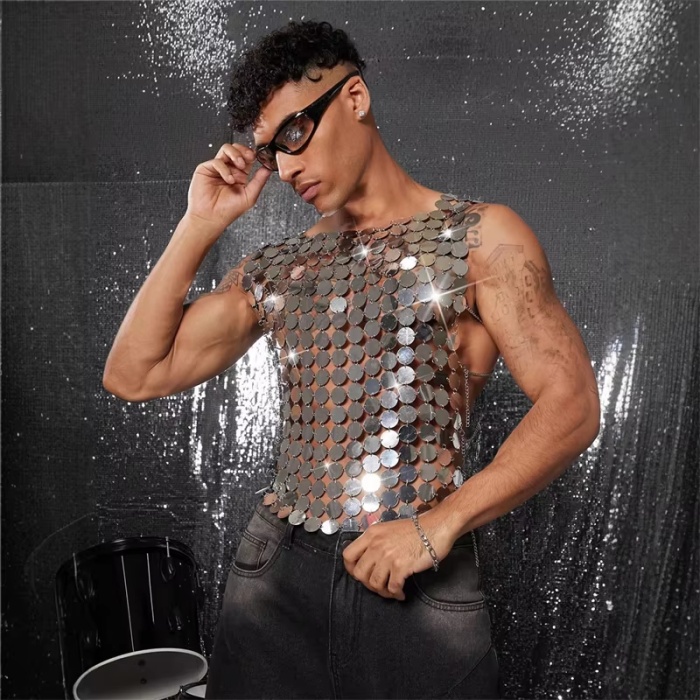 Erkek Gümüş Pul Detaylı Transparan Parti Bluz,Festival Stil Erkek Pul İşlemeli Sahne Üst,Kostüm