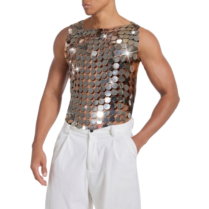 Erkek Gümüş Pul Detaylı Transparan Parti Bluz,Festival Stil Erkek Pul İşlemeli Sahne Üst,Kostüm