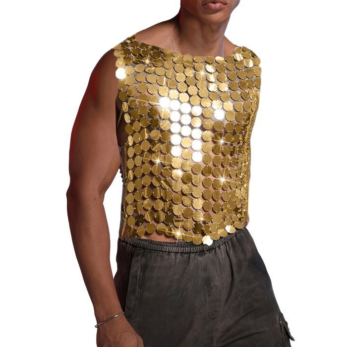 Erkek GoldPul Detaylı Transparan Parti Bluz,Festival Stil Erkek Pul İşlemeli Sahne Üst,Kostüm