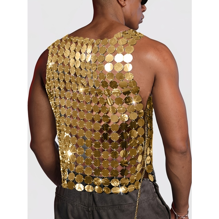 Erkek GoldPul Detaylı Transparan Parti Bluz,Festival Stil Erkek Pul İşlemeli Sahne Üst,Kostüm
