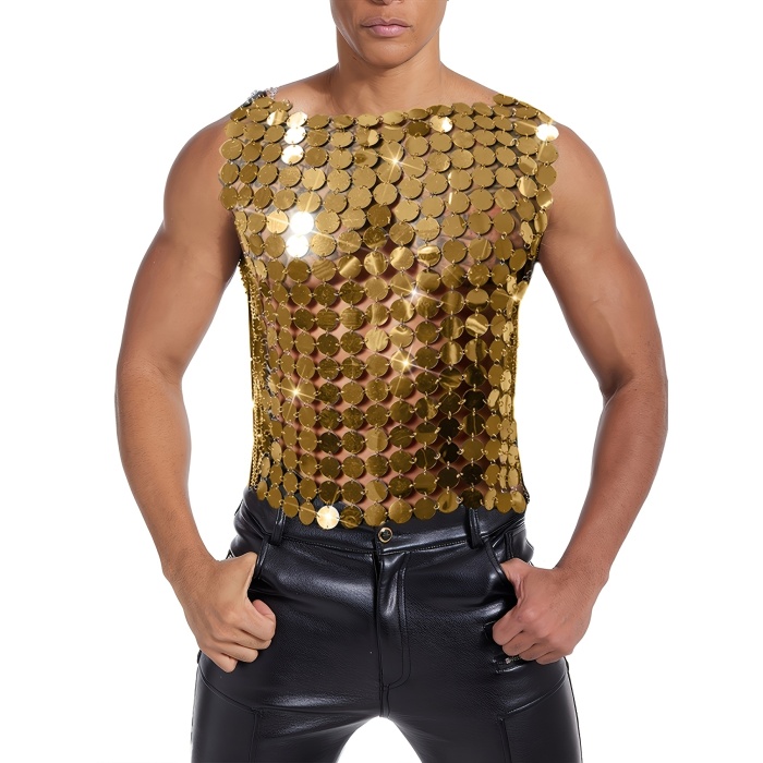 Erkek GoldPul Detaylı Transparan Parti Bluz,Festival Stil Erkek Pul İşlemeli Sahne Üst,Kostüm