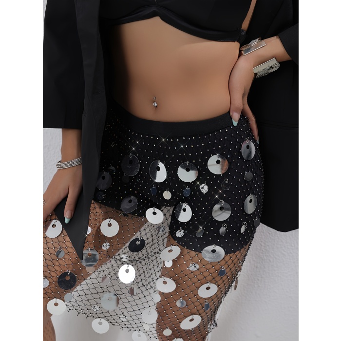Kadın Parlak Pul Mini Etek Gece Kombin Festival Stil,Şakira Zincirli Pul İşlemeli Etek Şık Kombini