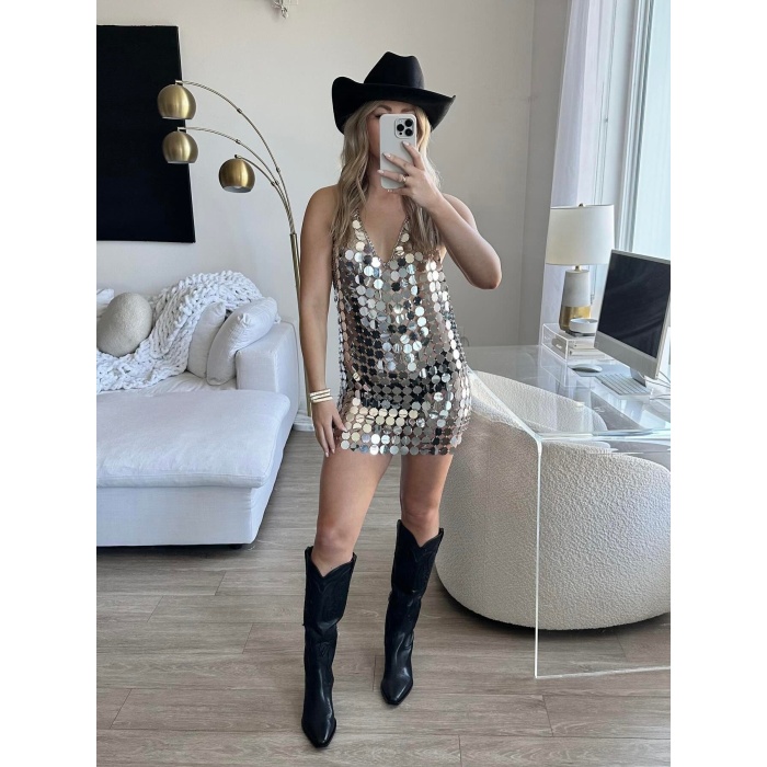 Gümüş Zincirli Parlak Pul Mini Elbise Festival Club Sahne Kostümü,Seksi Sahne Elbisesi,Parti Cosplay