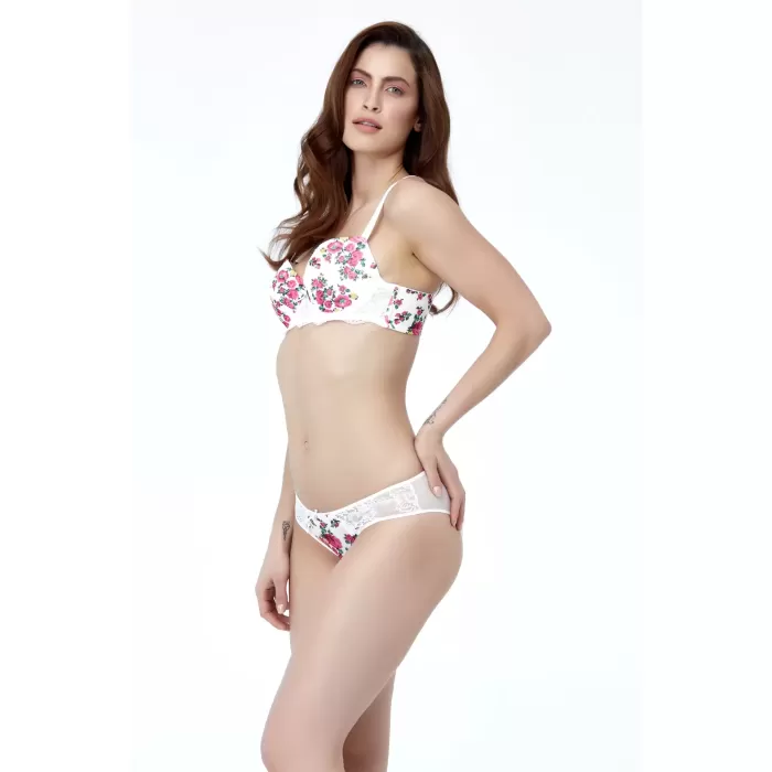 Golshan Gardenia Mini Slip, Kadın Dantelli Çiçek Baskılı Ekru Normal Bel Külot