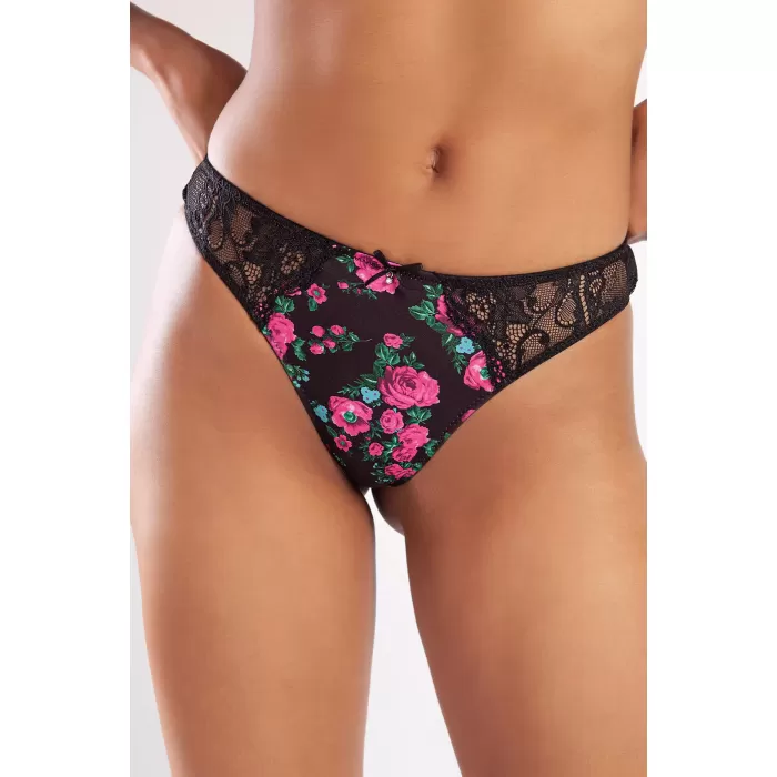 Golshan Gardenia Mini Sitring, Kadın Dantelli Çiçek Baskılı Siyah String Külot