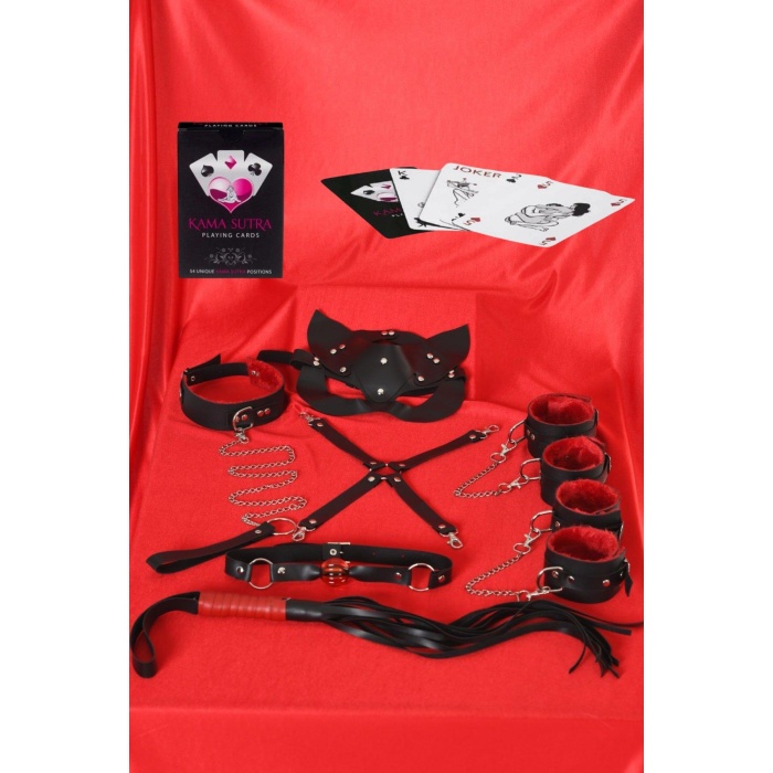 Arias Closet Sexy Görselli Oyun Kartı Kama Sutra 7li Kırmızı Siyah Harness Set