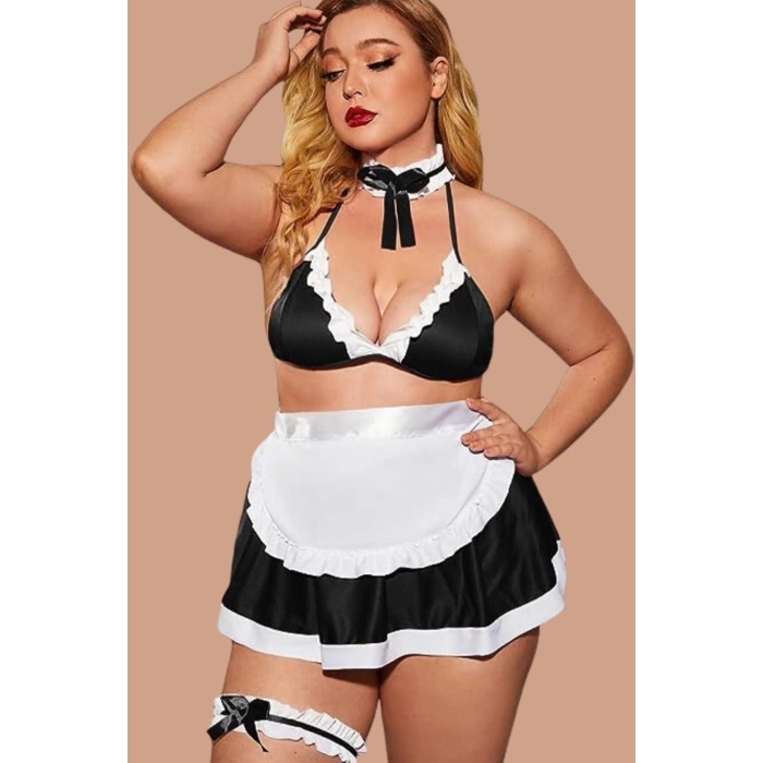 Arias Closet Siyah Büyük Beden Yanları Saten Şık Fantezi Kostüm