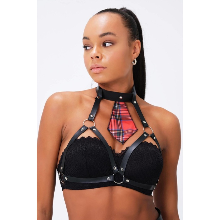 Arias Closet Kareli Kravat ve Harness Göğsü Açık Deri Aksesuar