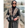 Kadın Leopar Detaylı Deri Uzun Siyah Mont