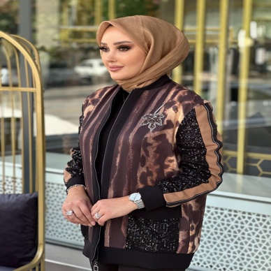 Kadın Degradeli Leopar Baskı Bomber Ceket