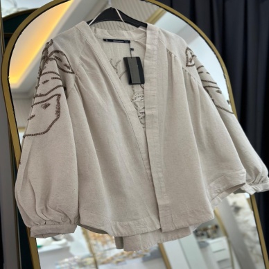 Kadın Keten İşlemeli Kimono Krem
