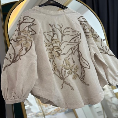 Kadın Keten İşlemeli Kimono Krem
