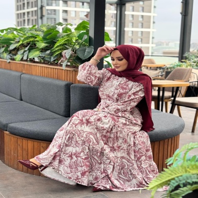 Merwish Yaz Elbise Desenli Bordo