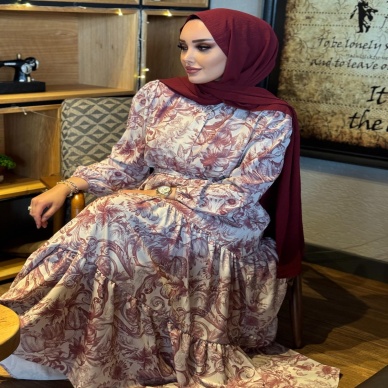Merwish Yaz Elbise Desenli Bordo