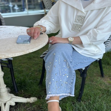 MY312 Kadın Taşlı Jean Pantolon Gri