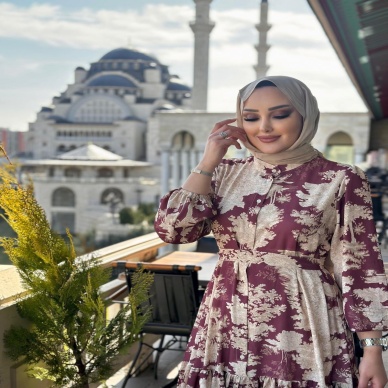 Merwish Yaz Elbise Desenli Bordo Bej