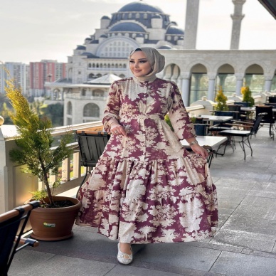 Merwish Yaz Elbise Desenli Bordo Bej