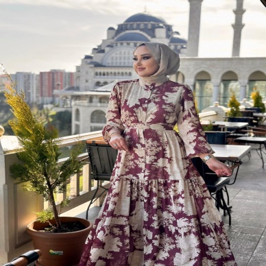 Merwish Yaz Elbise Desenli Bordo Bej