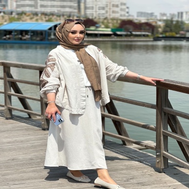 Kadın Keten İşlemeli Kimono