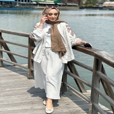 Kadın Keten İşlemeli Kimono