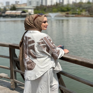 Kadın Keten İşlemeli Kimono