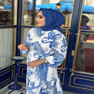 Merwish Yaz Elbise Desenli Mavi Beyaz