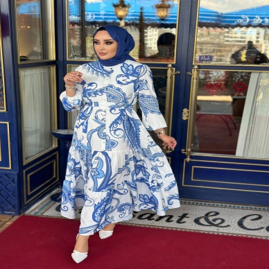 Merwish Yaz Elbise Desenli Mavi Beyaz