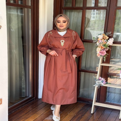 MY312 Kadın Önü Taşlı Elbise Taba