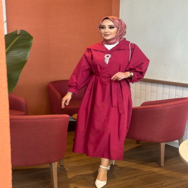 MY312 Kadın Önü Taşlı Elbise Vişne