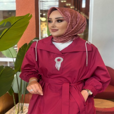 MY312 Kadın Önü Taşlı Elbise Vişne