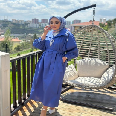 MY312 Kadın Önü Taşlı Elbise İndigo