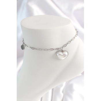 BFS 316L Çelik Gümüş Renk Zincir Model 3D Kalp Beyaz Kalp Figür Kadın HalHal