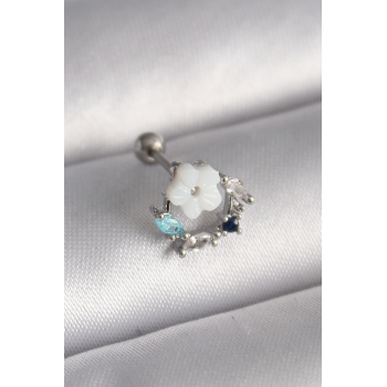 BFS 316L Çelik Gümüş Renk Zirkon Taş Detay Beyaz Çiçek Model Tragus Piercing
