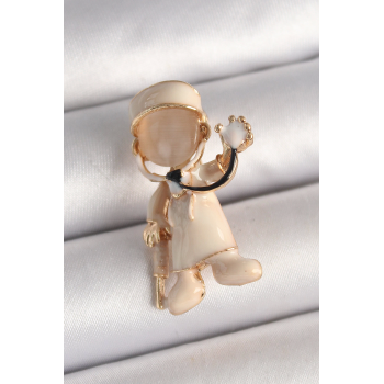 BFS Pirinç Gold Renk Beyaz Mineli Doktor Model Kadın Broş