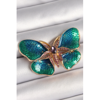 BFS Pirinç Gold Renk Turquaz Model Zirkon Taş Detaylı Kelebek Model Kadın Broş