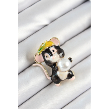 BFS İnci Detaylı Siyah Ve Pembe 3D Sevimli Fare Figürlü Gold Renk Kadın Broş