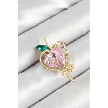 BFS Pembe Ve Yeşil Zirkon Taşlı 3D Eriyen Kalp Figürlü Gold Renk Kadın Broş