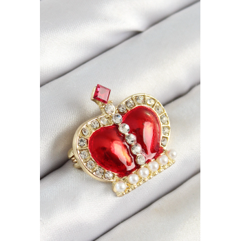 BFS Zirkon Taşlı İnci Detaylı Kırmızı 3D Kraliçe Taç Figürlü Gold Renk Kadın Broş