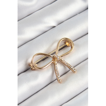 BFS Zirkon Taş Detaylı 3D Fiyonk Figürlü Gold Renk Kadın Broş