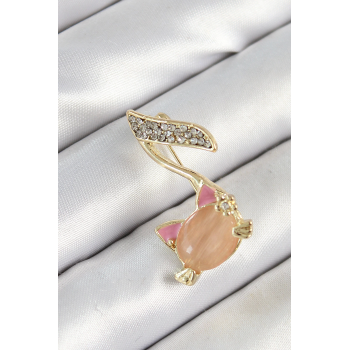 BFS Zirkon Taşlı 3D Kedi Detaylı Nota Figürlü Gold Renk Kadın Broş