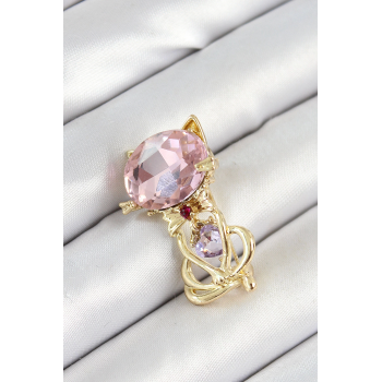 BFS Pembe Zirkon Taşlı Kap Detaylı Kedi Figürlü Gold Renk Kadın Broş