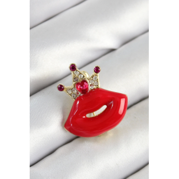 BFS Zirkon Taşlı Kraliçe Taç Detaylı 3D Kırmızı Dudak Figürlü Gold Renk Kadın Broş