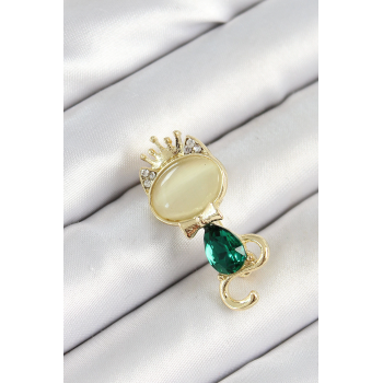 BFS Yeşil Damla Zirkon Taşlı Kraliçe Taçlı Kedi Figürlü Gold Renk Kadın Broş