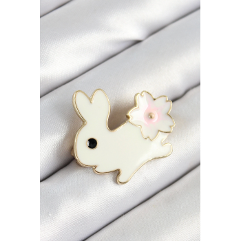 BFS Mineli Çiçek Detaylı Krem Tavşan Figürlü Gold Renk Kadın Broş