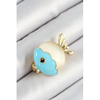 BFS Mineli Turkuaz Ve Krem Balık Figürlü Gold Renk Kadın Broş