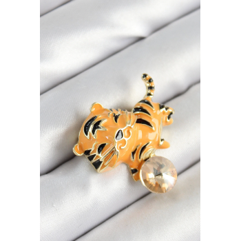 BFS Zirkon Taşlı Siyah Çizgili Turuncu Kaplan Figürlü Gold Renk Kadın Broş