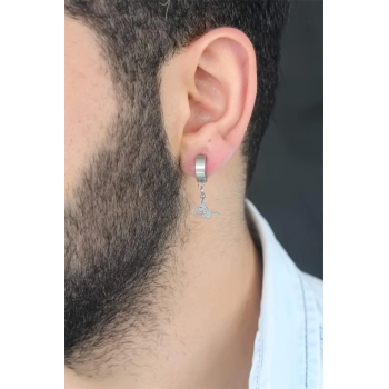 BFS Silver Renk Kaplama Osmanlı Tuğra Figürlü Kıstırmalı Çelik Erkek Küpe