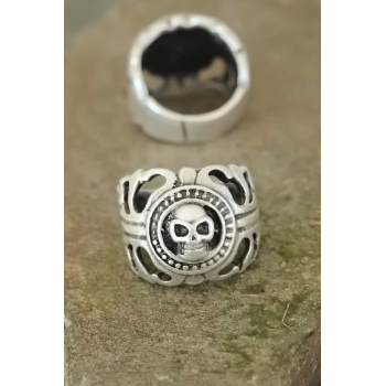 BFS Eskitme Gümüş Renk Metal Kuru Kafa Tasarım Ayarlamalı Erkek Yüzük