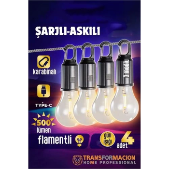 BFS Askılı Portatif Şarjlı Askılı Ampül - 4 lü Kamp Lambası - Acil Durum Lambası